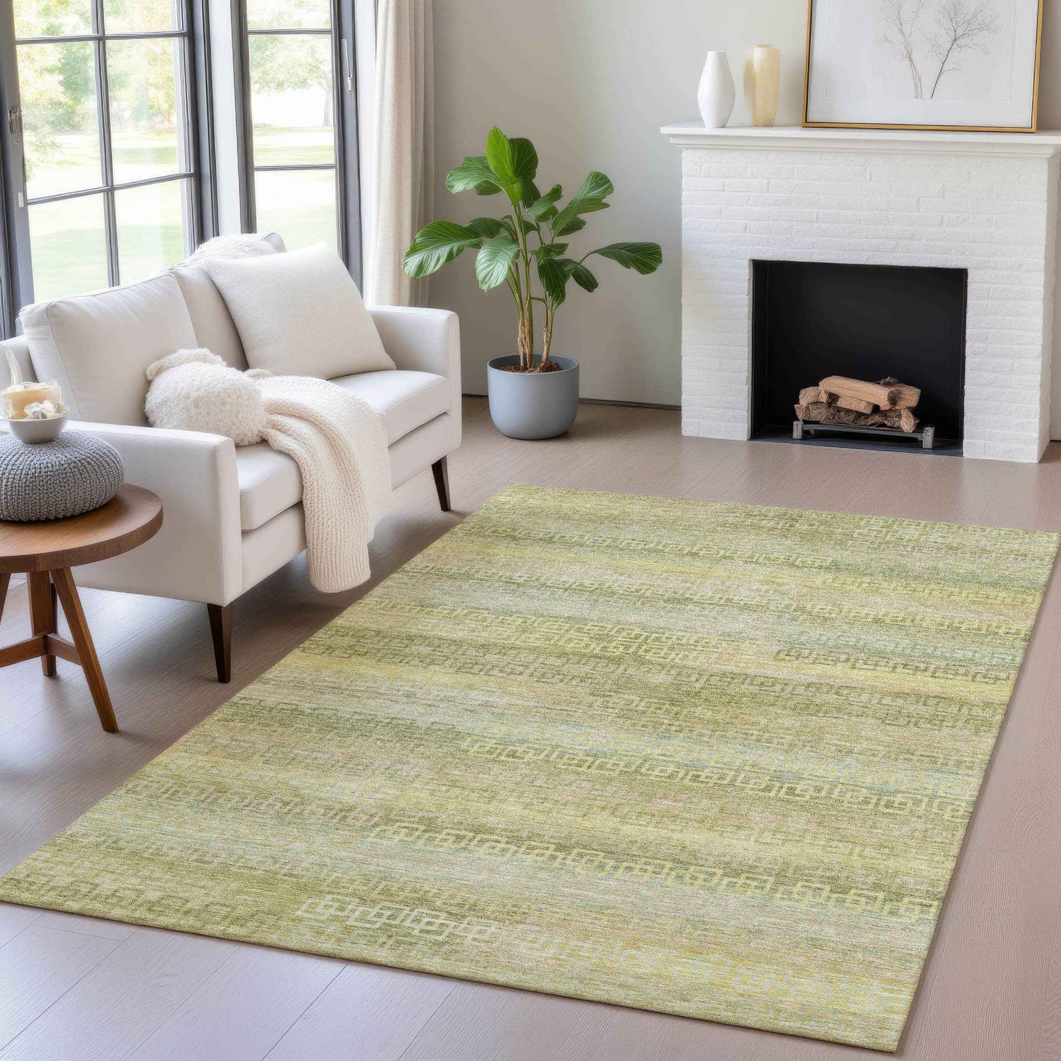 3' X 5' Sage And Gold Striped Washable Indoor Outdoor Area Rug