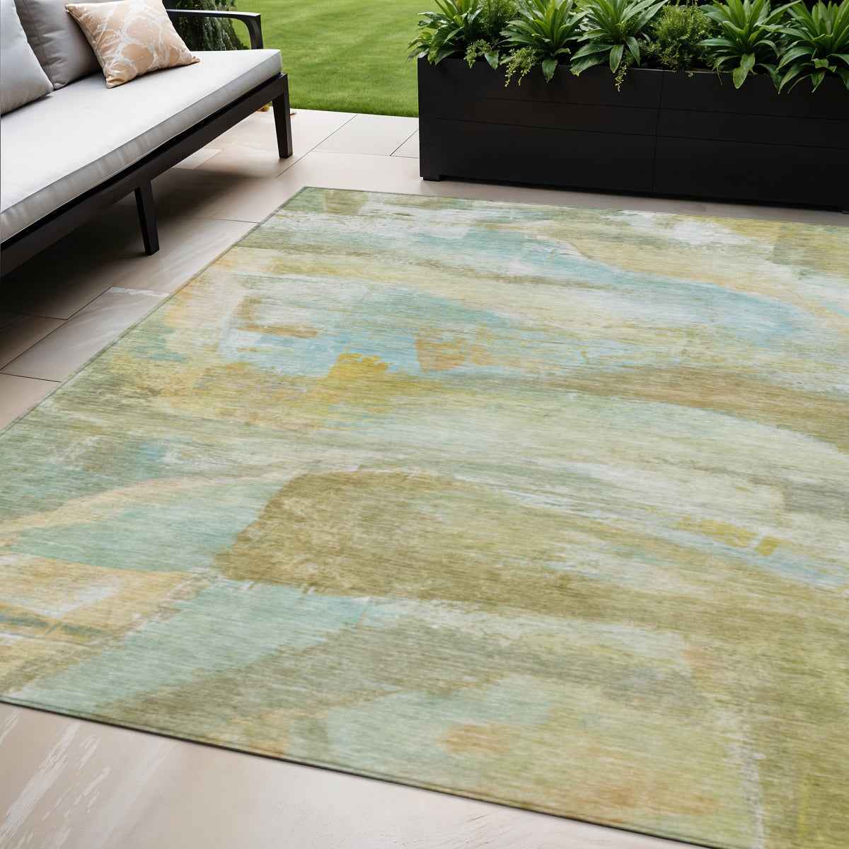 5' X 8' Beige Sky Blue And Ivory Abstract Washable Indoor Outdoor Area Rug
