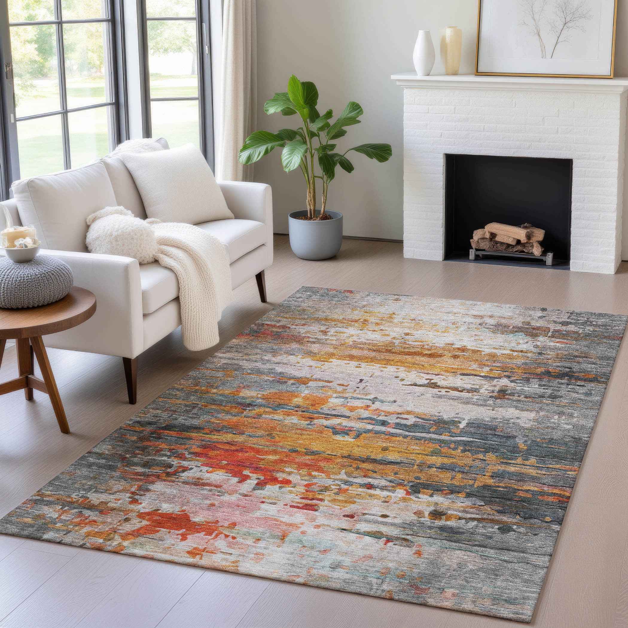 9' X 12' Terra Cotta And Beige Abstract Washable Indoor Outdoor Area Rug
