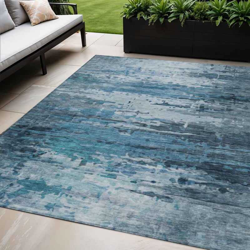 5' X 8' Blue And Ivory Abstract Washable Indoor Outdoor Area Rug