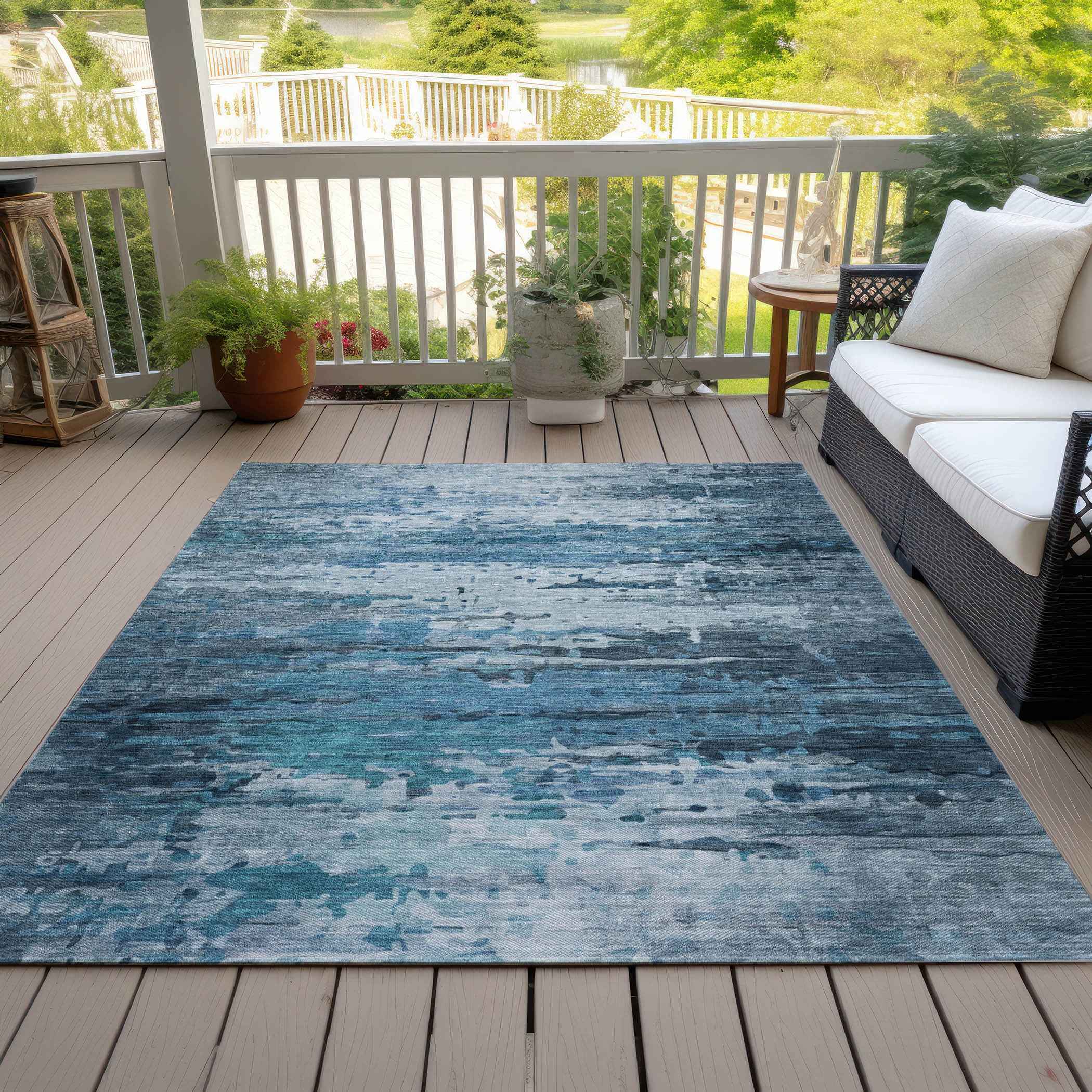 5' X 8' Blue And Ivory Abstract Washable Indoor Outdoor Area Rug