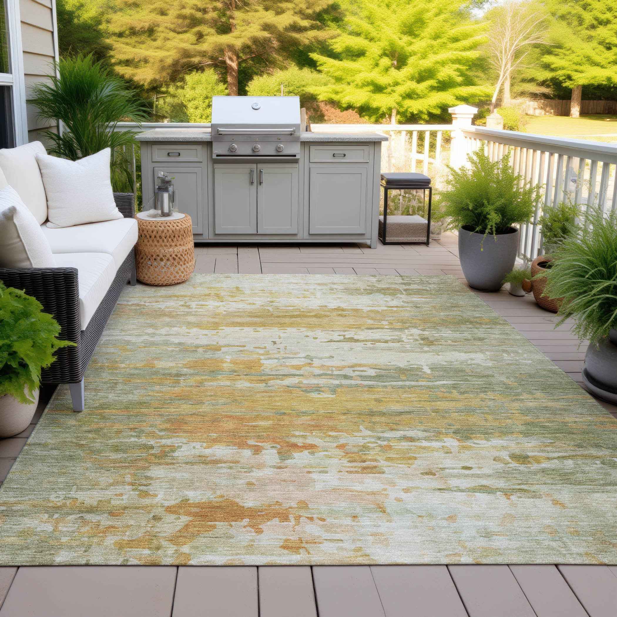 3' X 5' Artichoke Green And Gold Abstract Washable Indoor Outdoor Area Rug