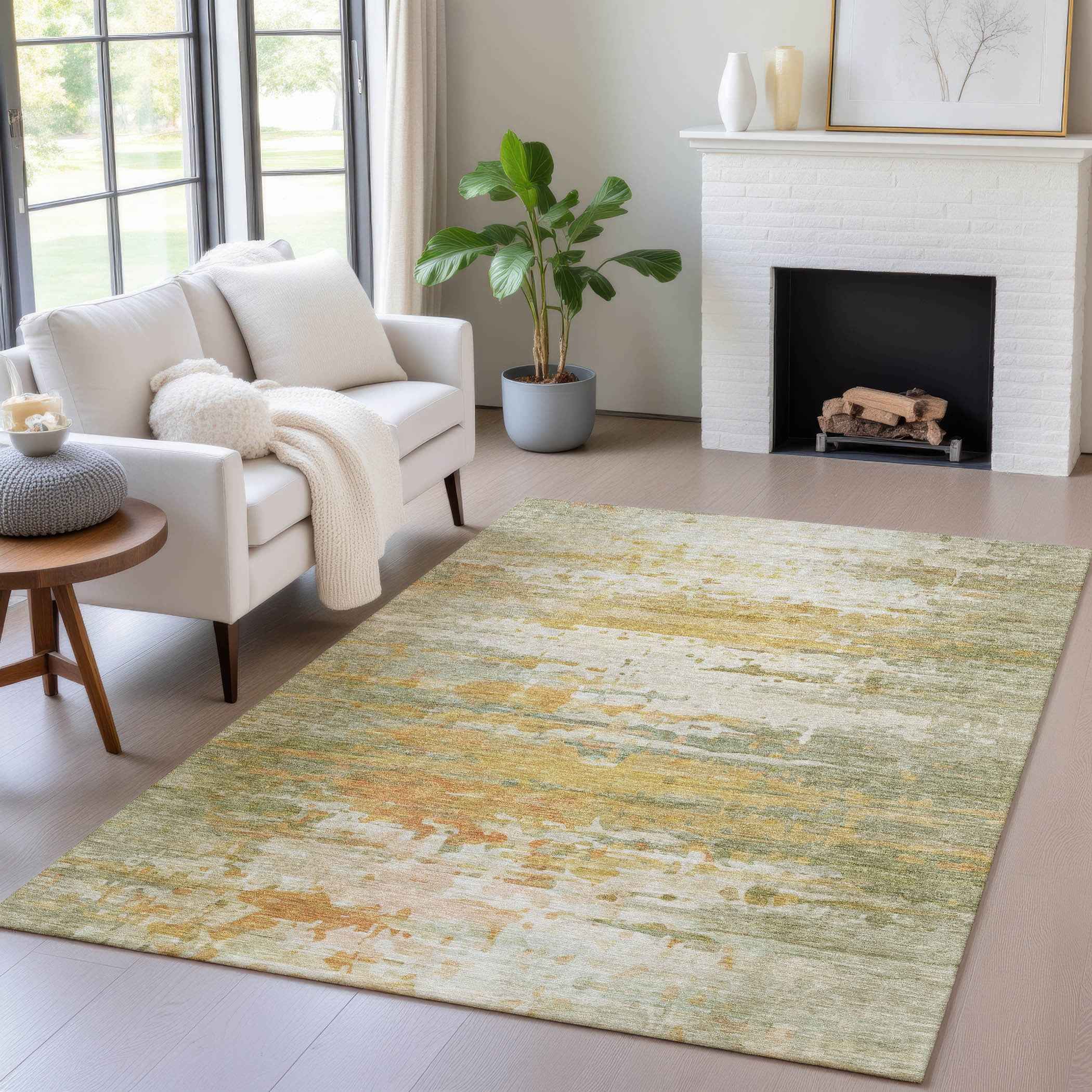 3' X 5' Artichoke Green And Gold Abstract Washable Indoor Outdoor Area Rug