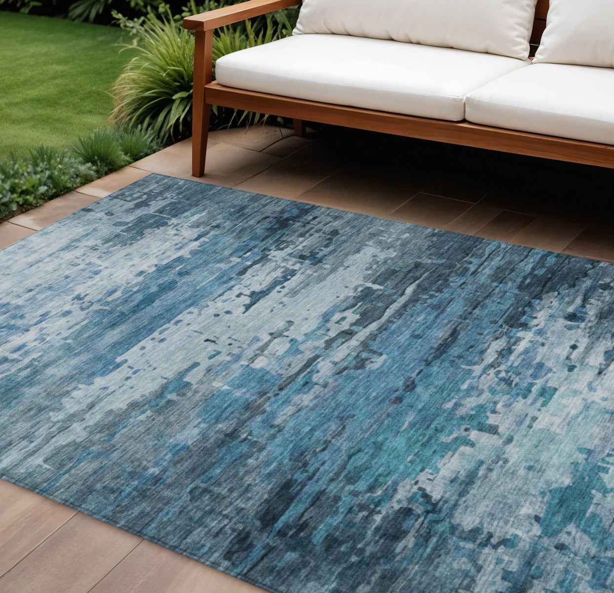 9' X 12' Blue And Ivory Abstract Washable Indoor Outdoor Area Rug