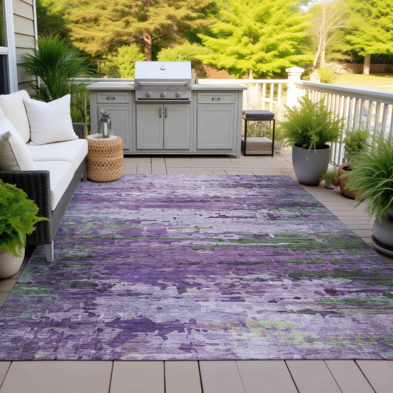 8' X 10' Purple Green And Charcoal Abstract Washable Indoor Outdoor Area Rug