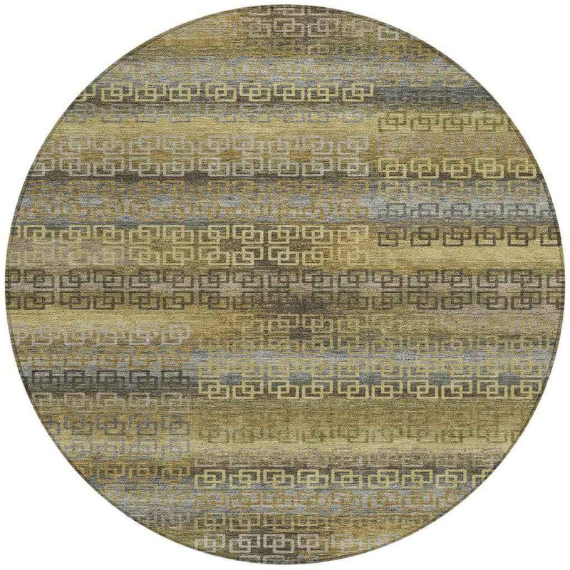 8' Wheat And Brown Round Striped Washable Indoor Outdoor Area Rug