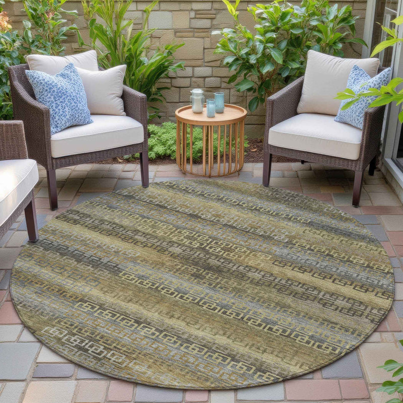 8' Wheat And Brown Round Striped Washable Indoor Outdoor Area Rug