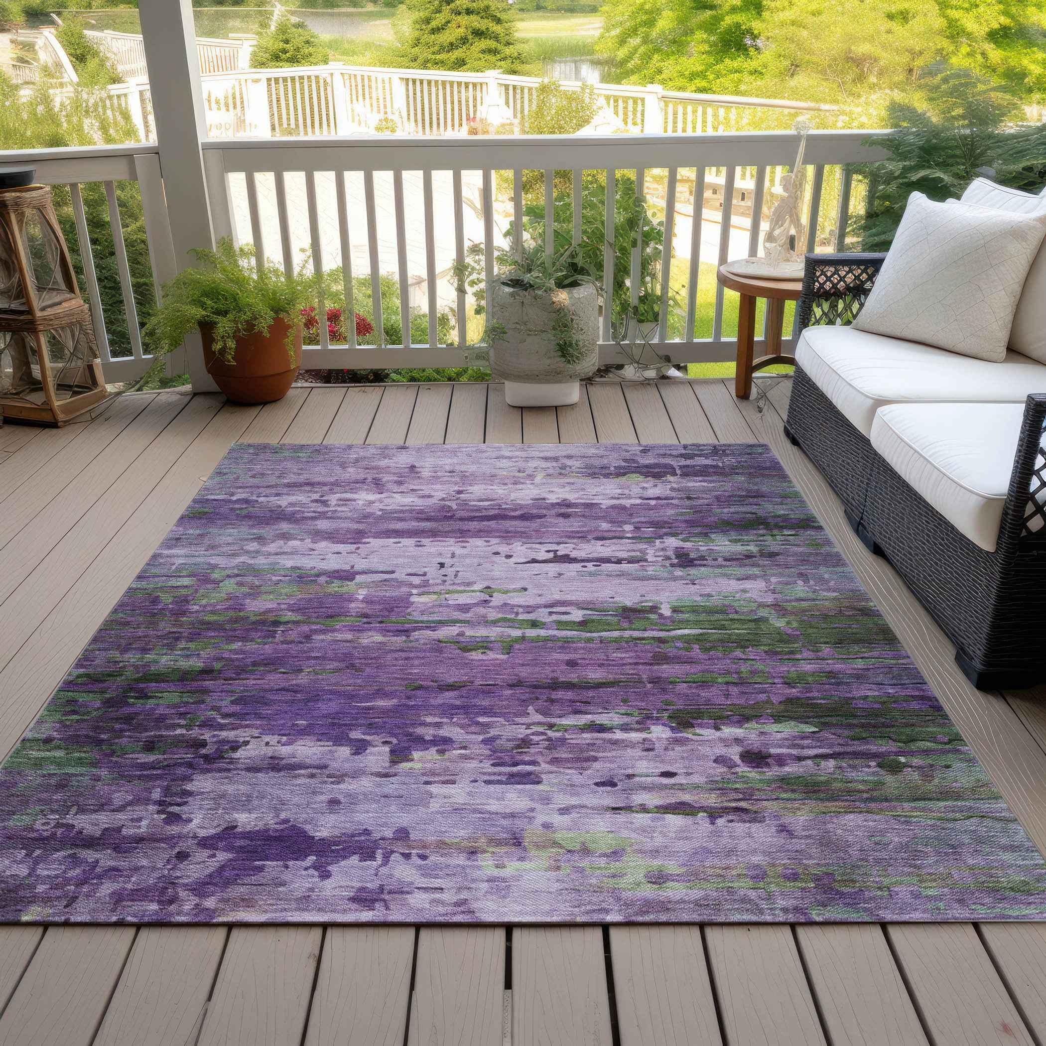 8' X 10' Purple Green And Charcoal Abstract Washable Indoor Outdoor Area Rug