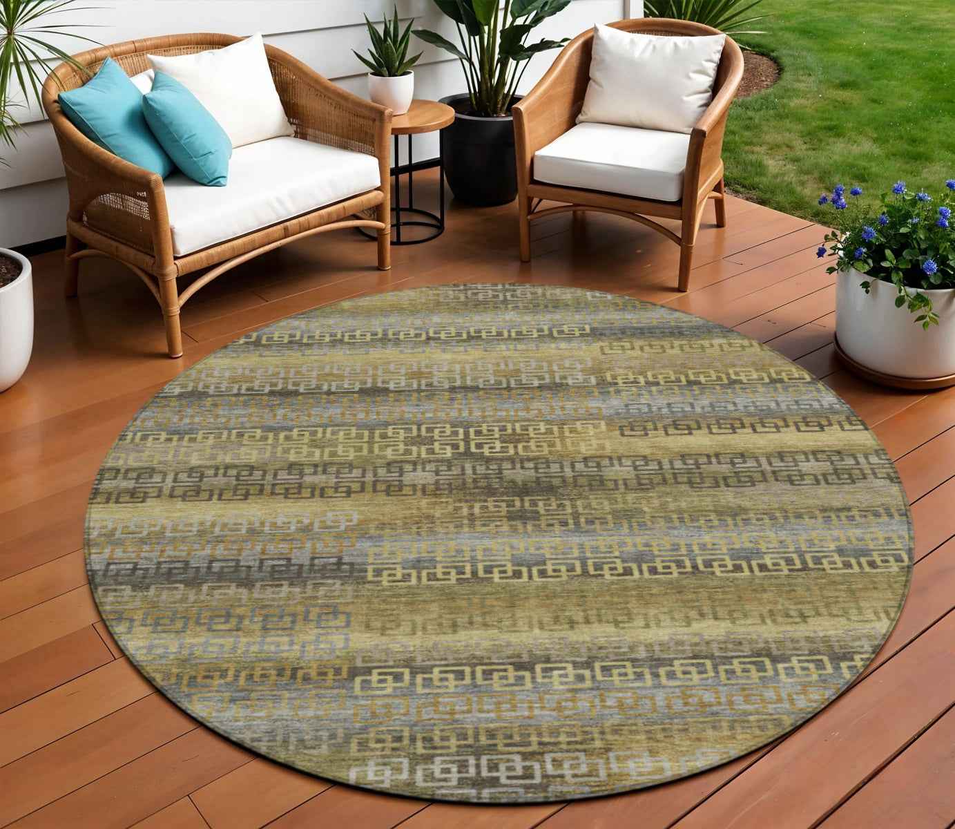 8' Wheat And Brown Round Striped Washable Indoor Outdoor Area Rug