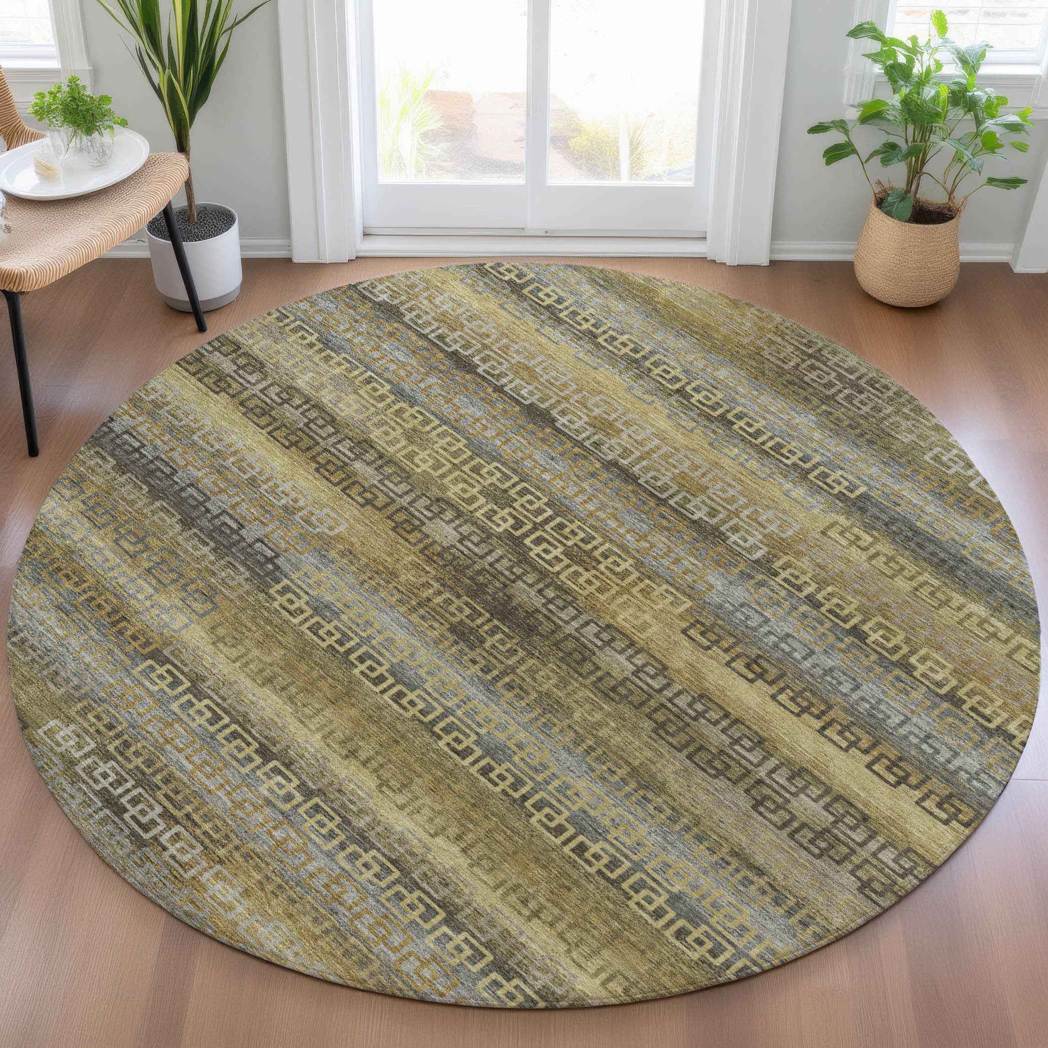 8' Wheat And Brown Round Striped Washable Indoor Outdoor Area Rug