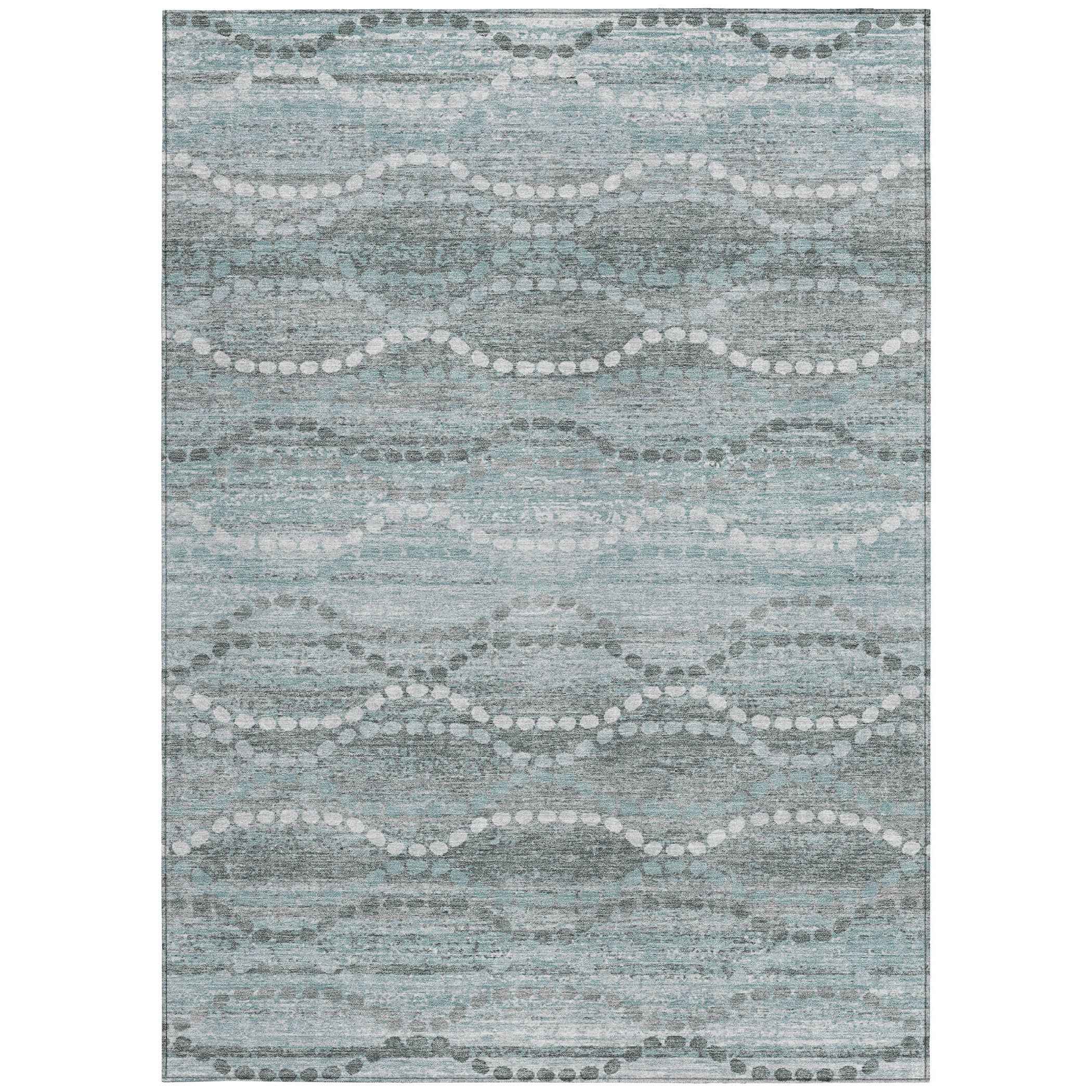 9' X 12' Teal Blue And Ivory Ogee Washable Indoor Outdoor Area Rug