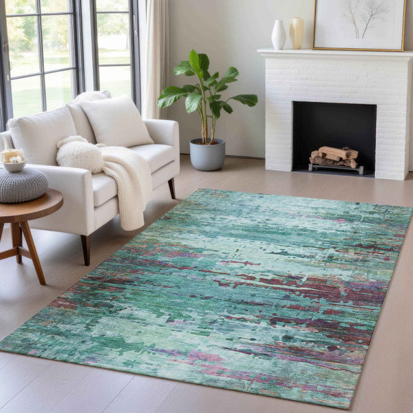 10' X 14' Teal Blue Pale Aqua And Plum Abstract Washable Indoor Outdoor Area Rug