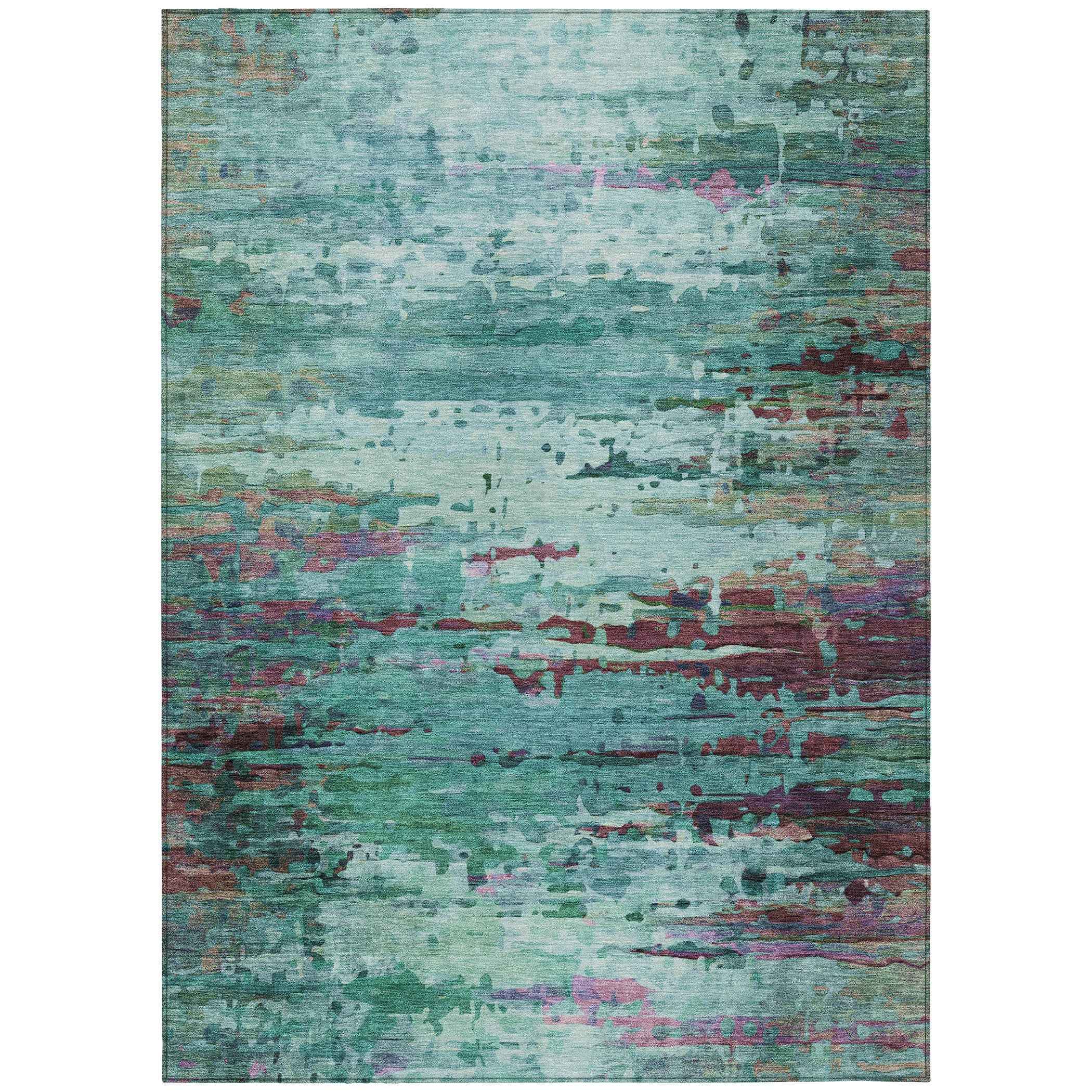 10' X 14' Teal Blue Pale Aqua And Plum Abstract Washable Indoor Outdoor Area Rug
