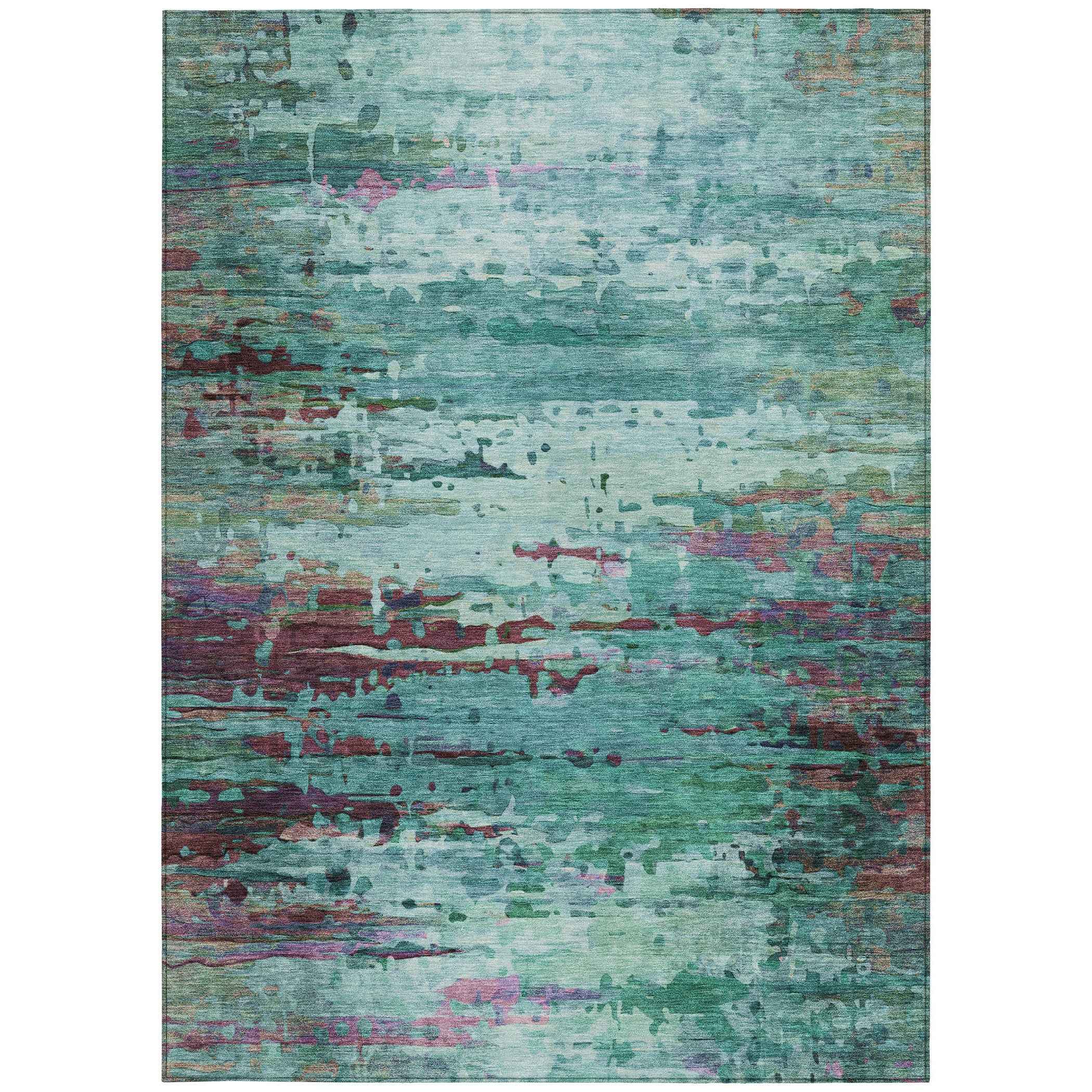 10' X 14' Teal Blue Pale Aqua And Plum Abstract Washable Indoor Outdoor Area Rug