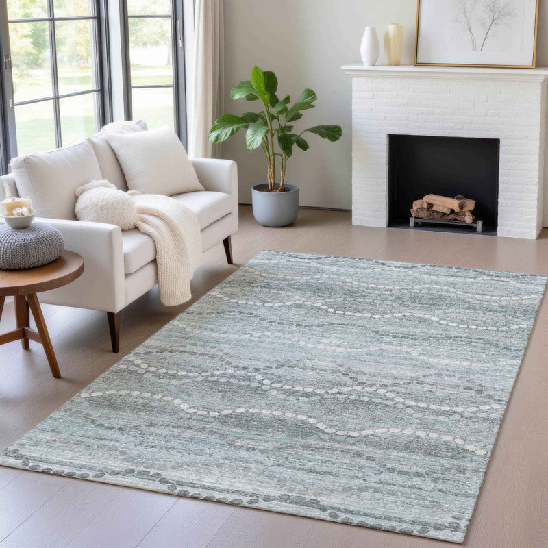 9' X 12' Teal Blue And Ivory Ogee Washable Indoor Outdoor Area Rug