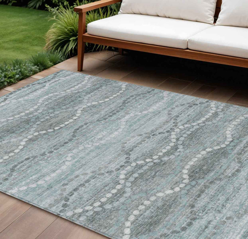 9' X 12' Teal Blue And Ivory Ogee Washable Indoor Outdoor Area Rug