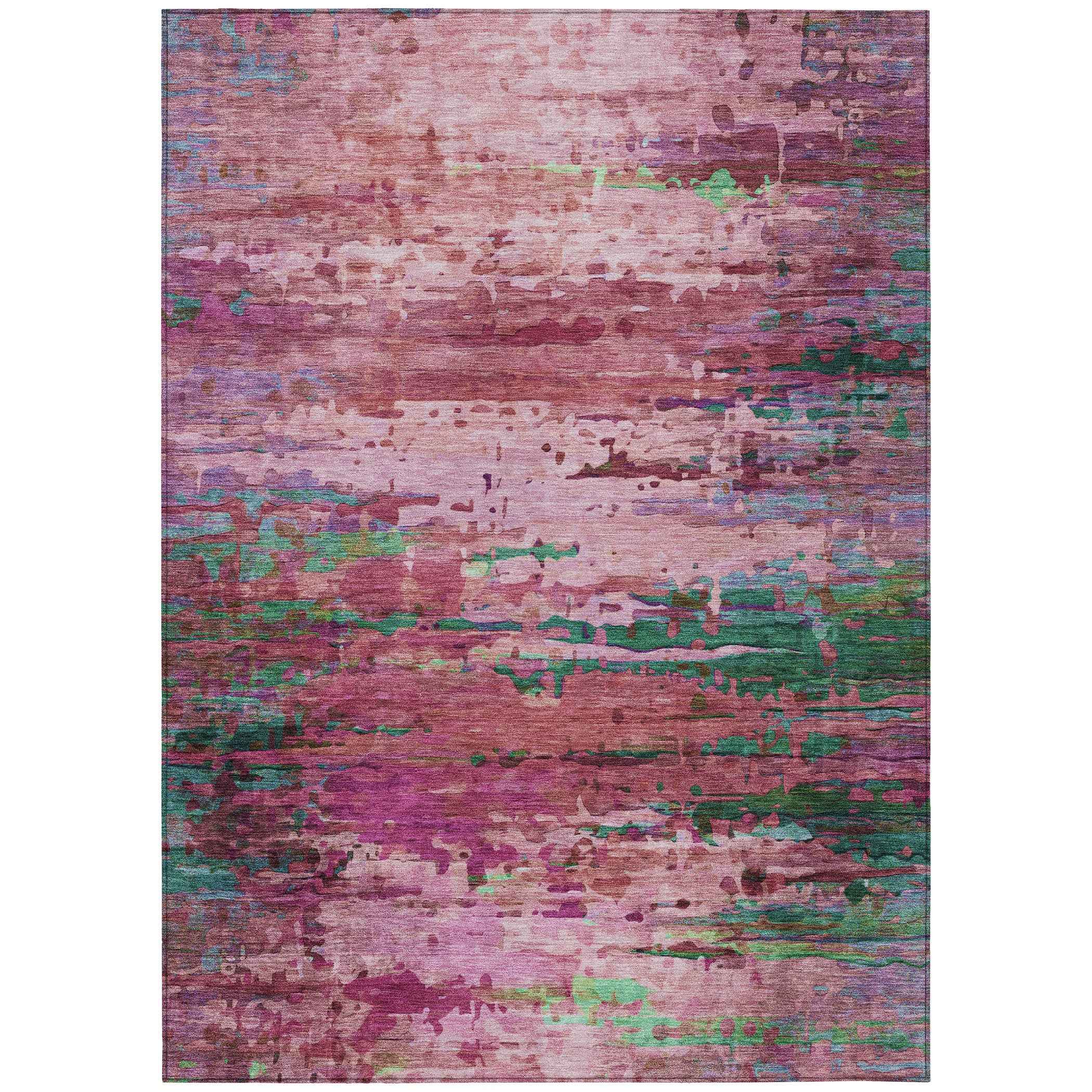 8' X 10' Pink Mauve And Green Abstract Washable Indoor Outdoor Area Rug