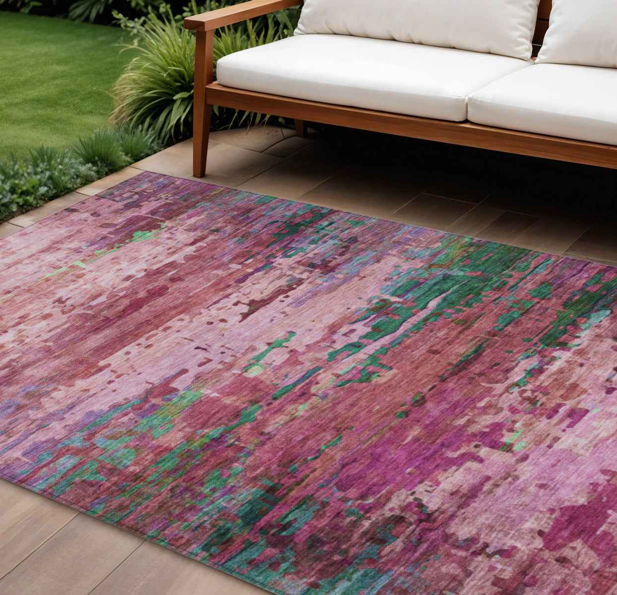 8' X 10' Pink Mauve And Green Abstract Washable Indoor Outdoor Area Rug