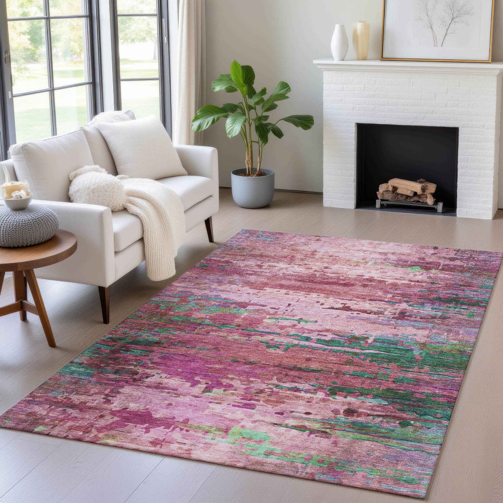 8' X 10' Pink Mauve And Green Abstract Washable Indoor Outdoor Area Rug