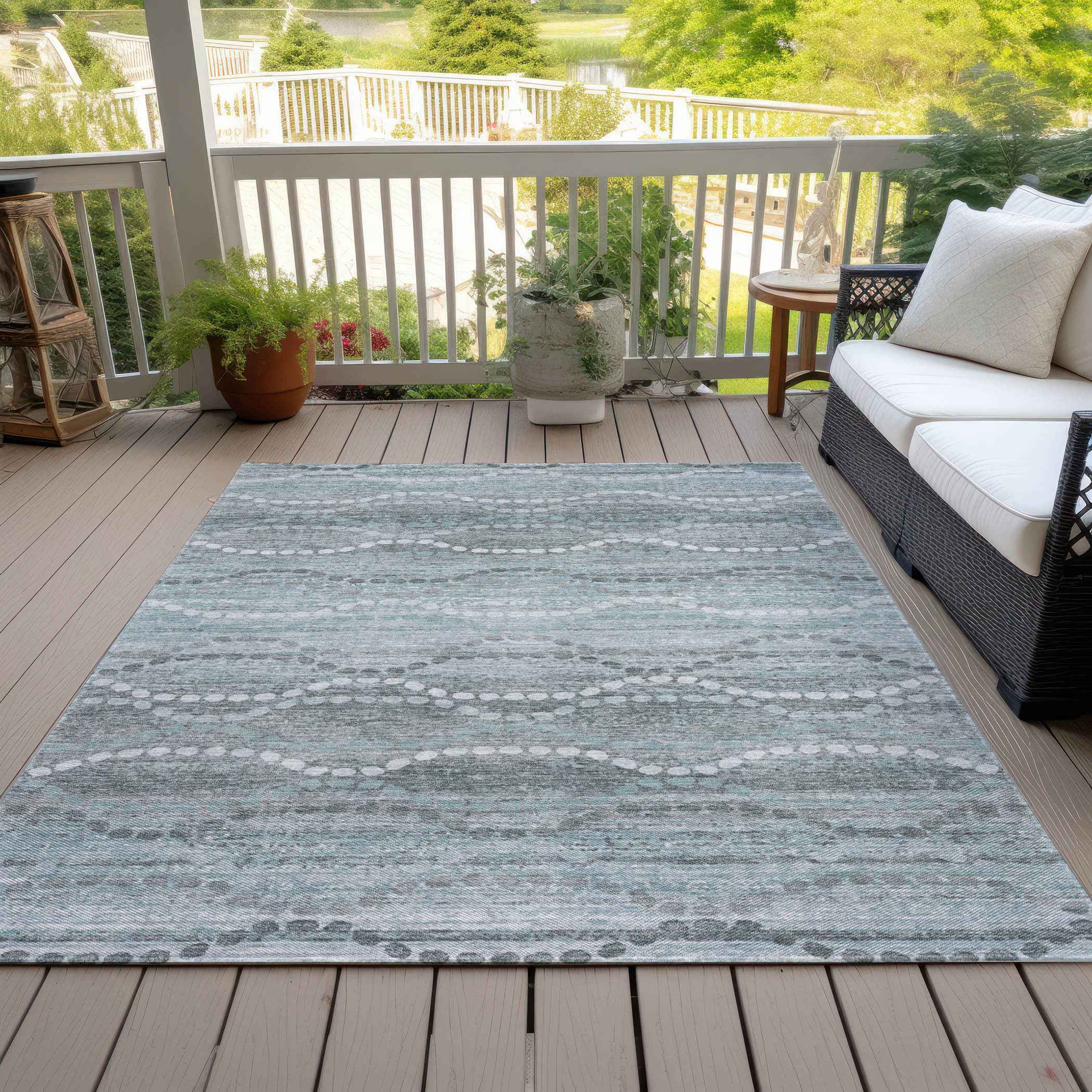 3' X 5' Teal Blue And Ivory Ogee Washable Indoor Outdoor Area Rug