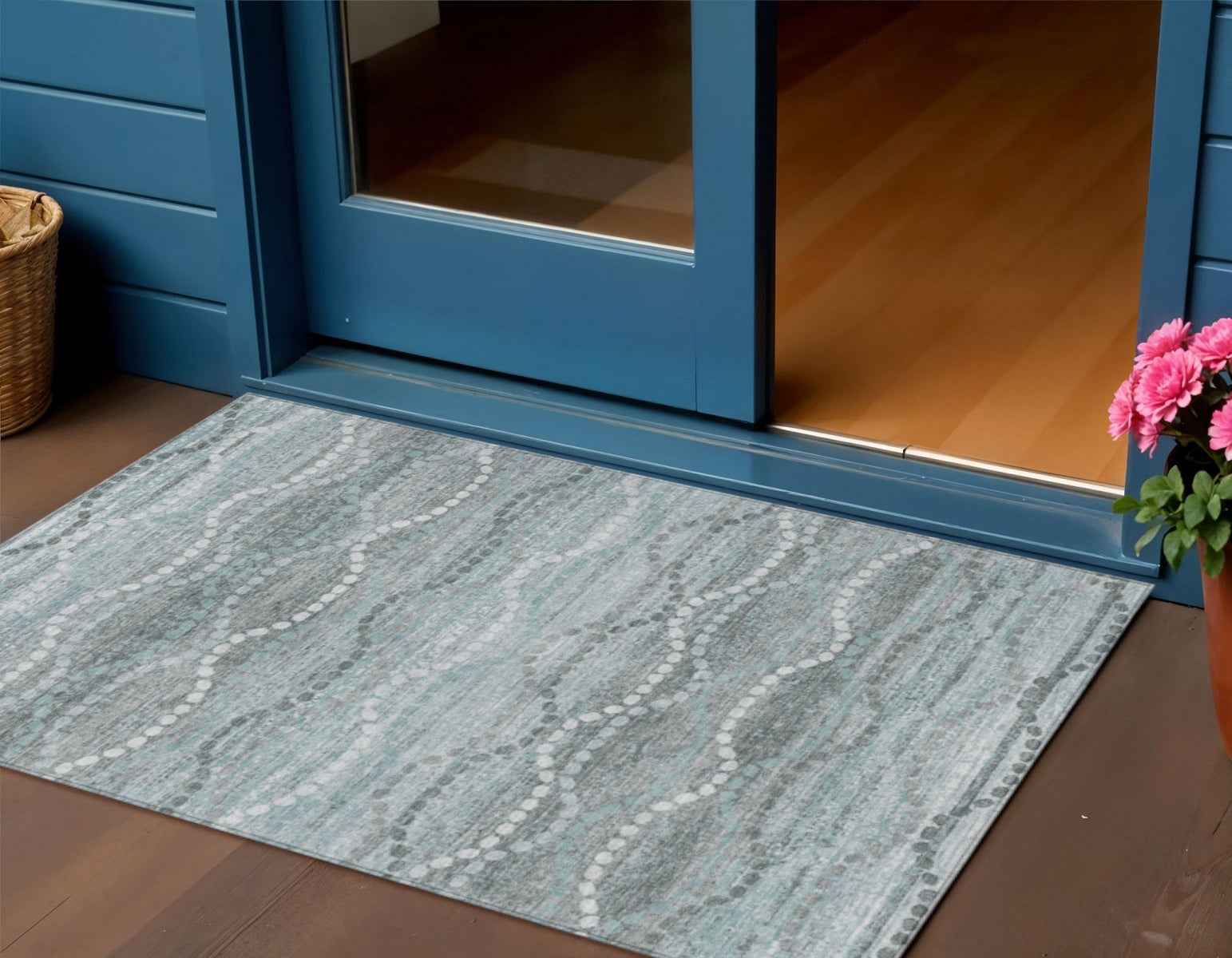 3' X 5' Teal Blue And Ivory Ogee Washable Indoor Outdoor Area Rug
