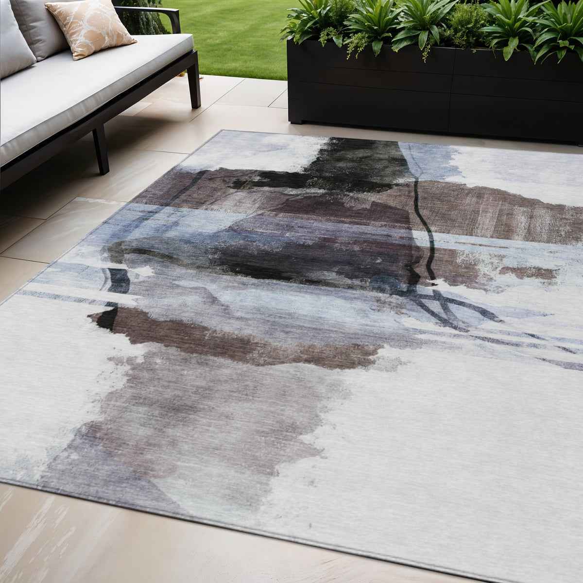 5' X 8' Brown And Ivory Abstract Washable Indoor Outdoor Area Rug