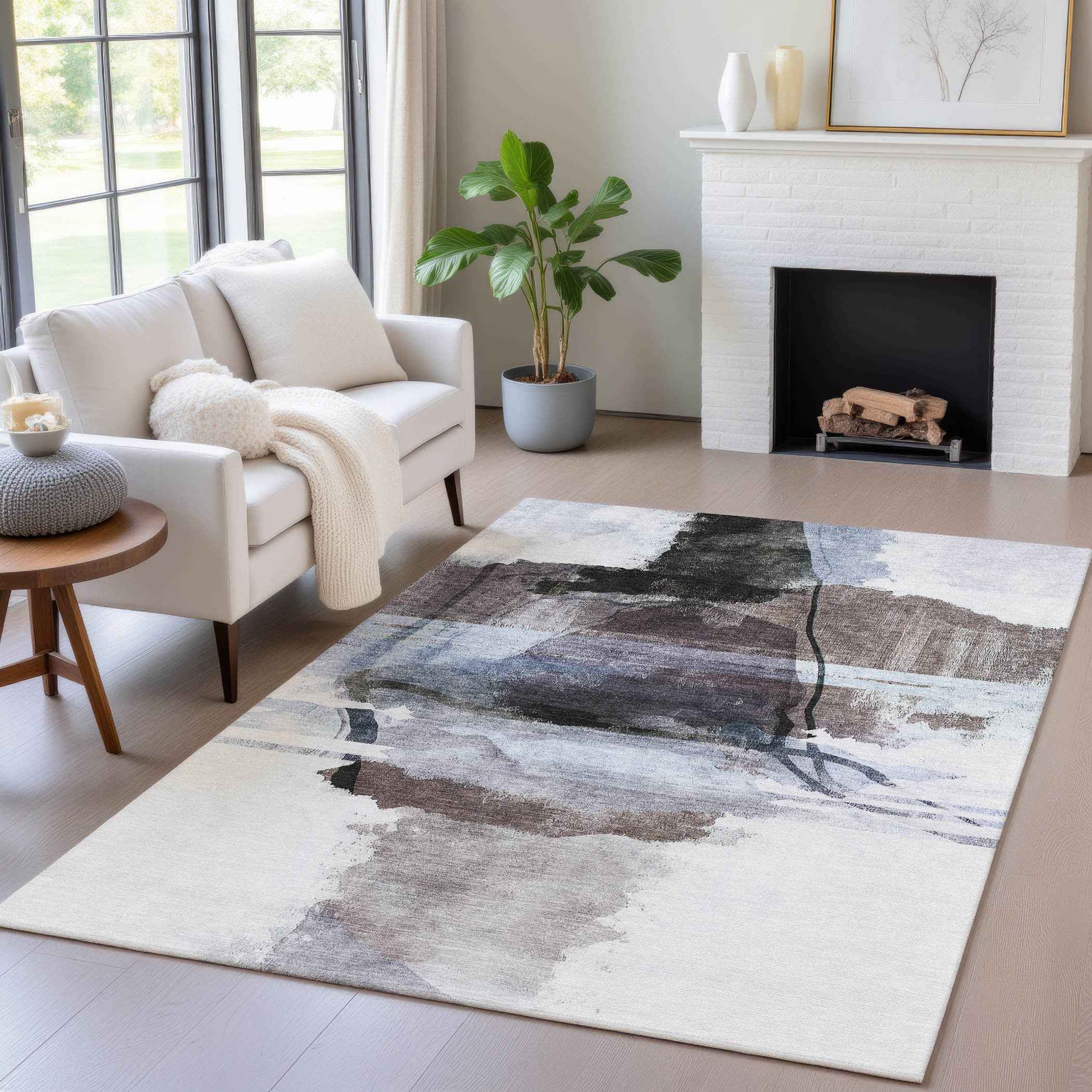 5' X 8' Brown And Ivory Abstract Washable Indoor Outdoor Area Rug