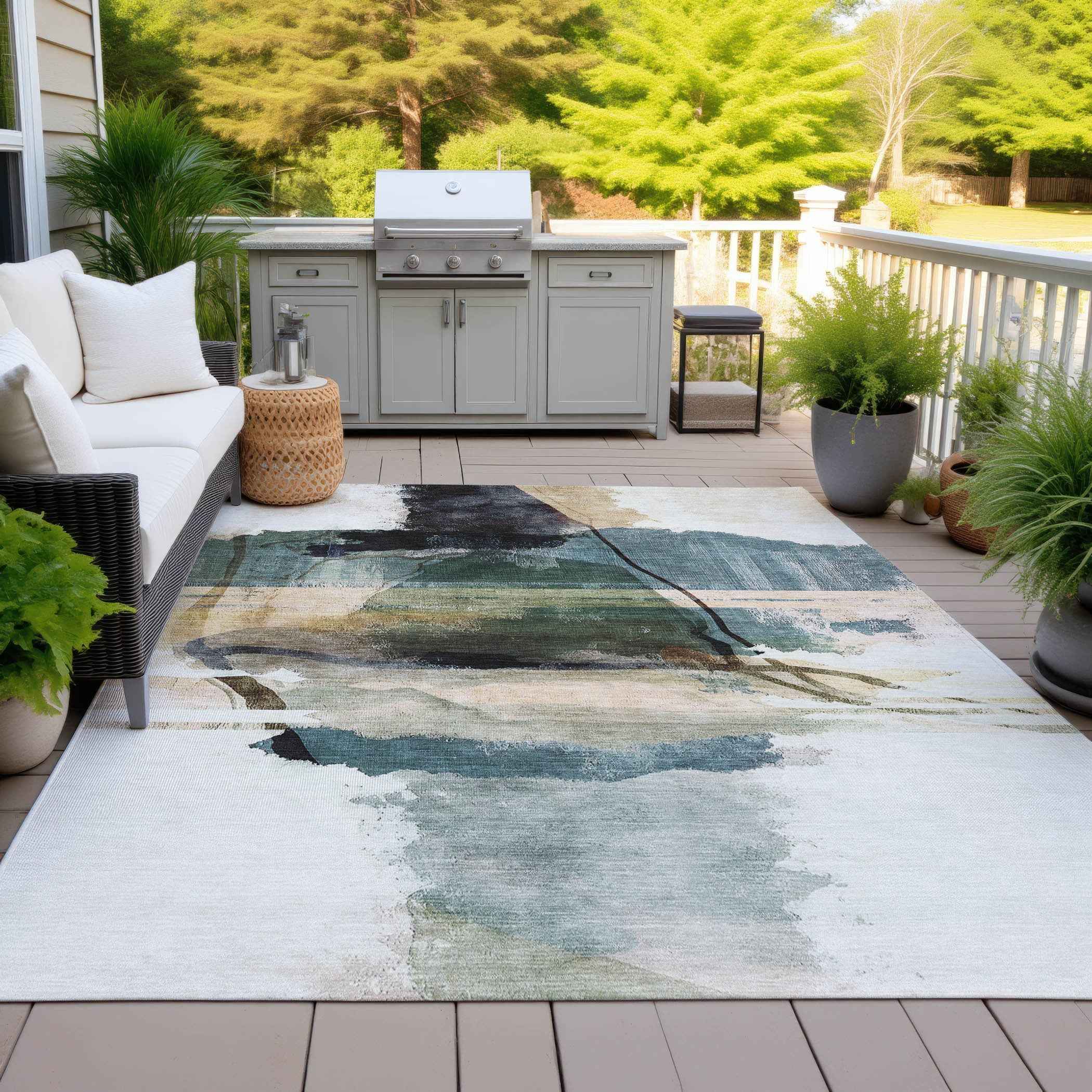 9' X 12' Green And Ivory Abstract Washable Indoor Outdoor Area Rug