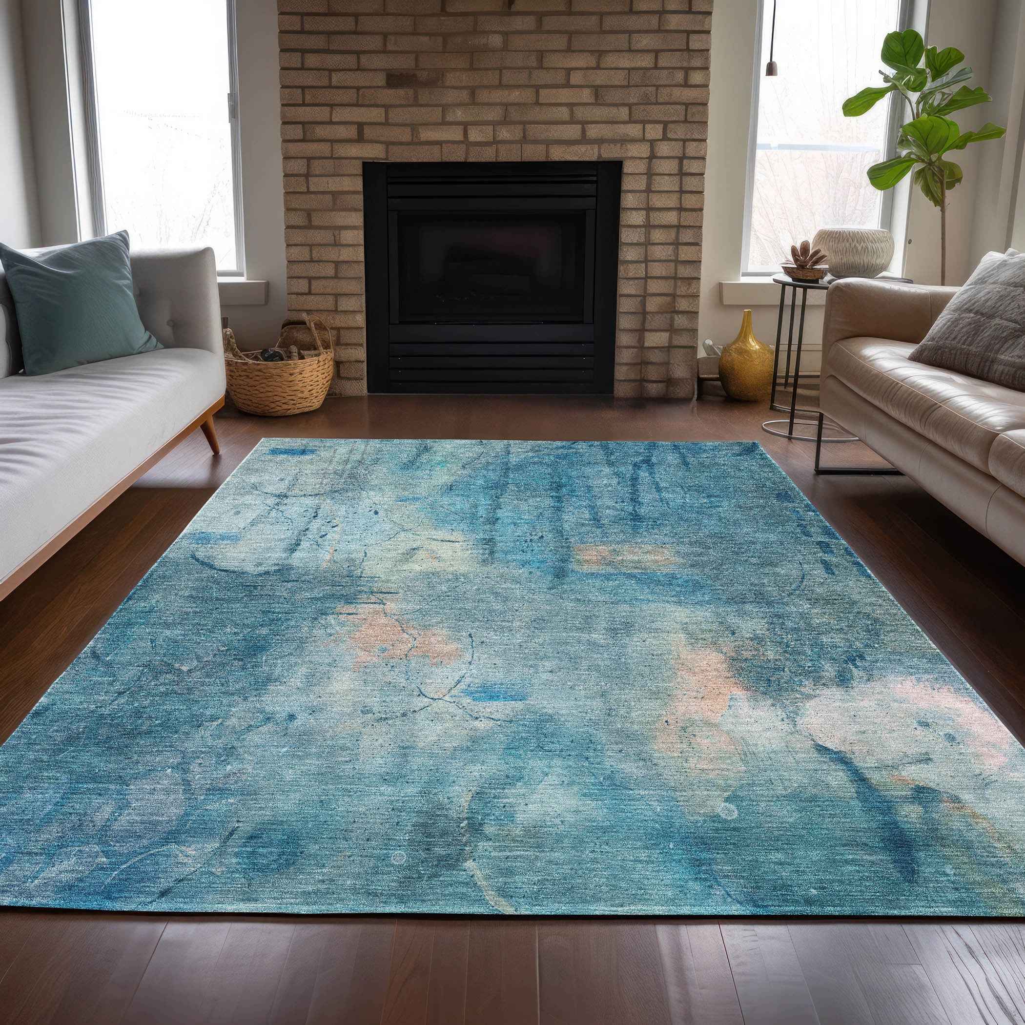 8' X 10' Blue And Beige Abstract Washable Indoor Outdoor Area Rug