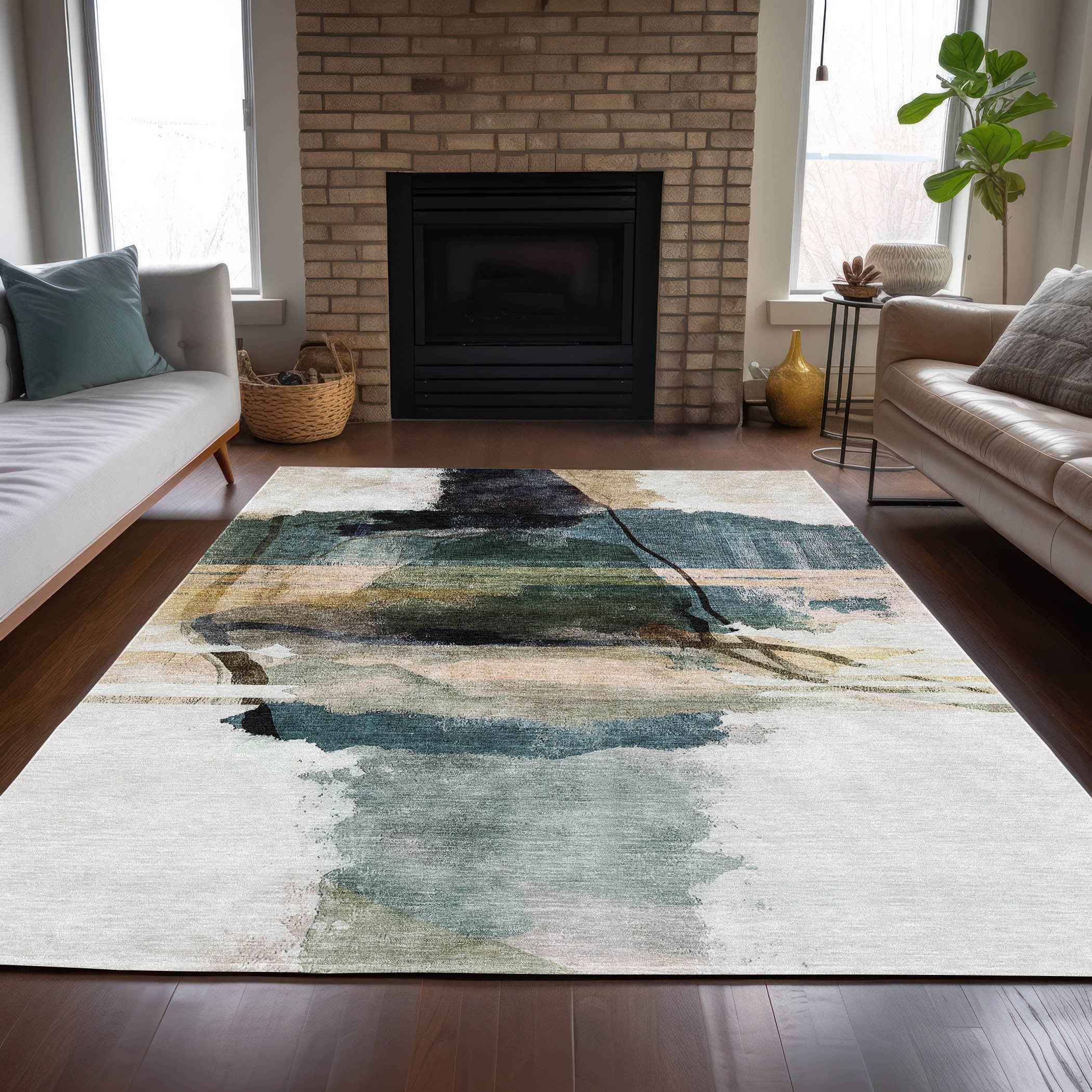 9' X 12' Green And Ivory Abstract Washable Indoor Outdoor Area Rug