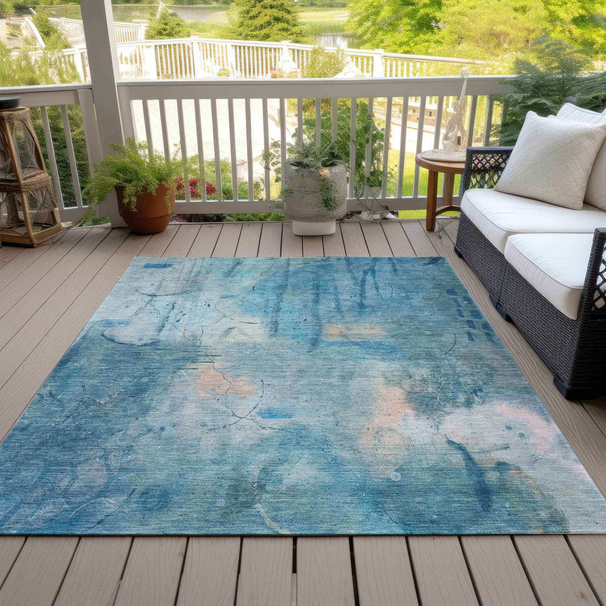 8' X 10' Blue And Beige Abstract Washable Indoor Outdoor Area Rug