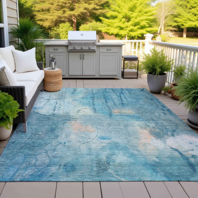 8' X 10' Blue And Beige Abstract Washable Indoor Outdoor Area Rug