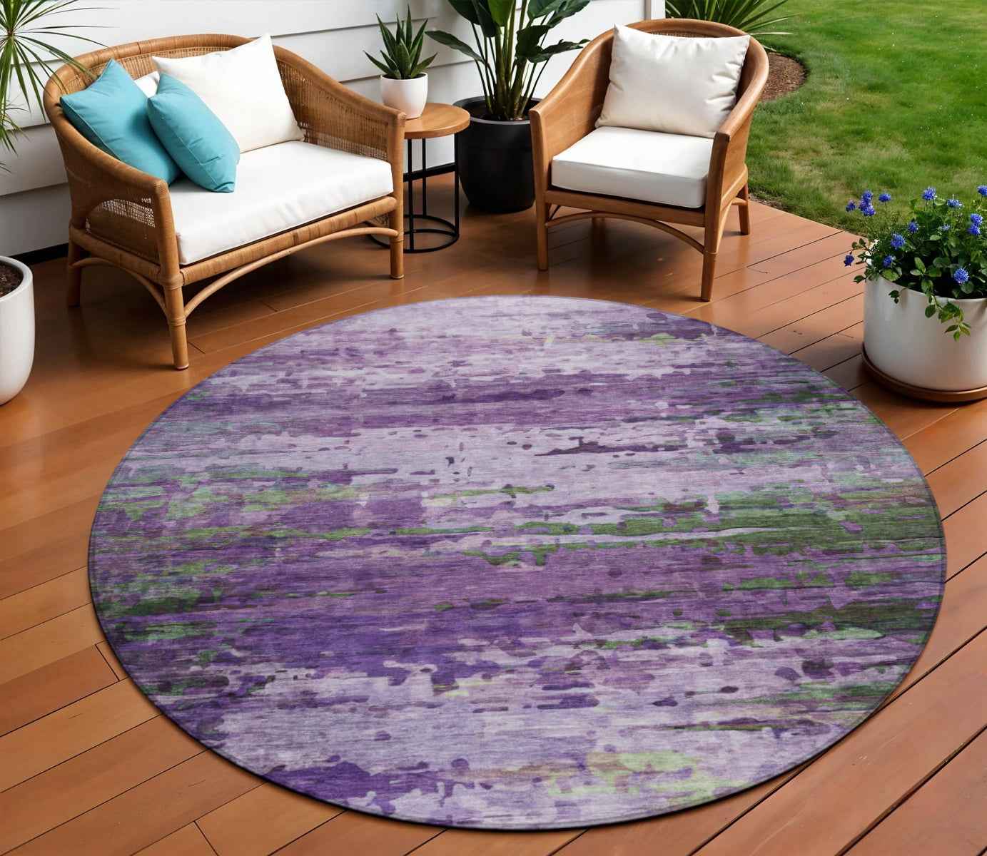 8' Purple Green And Charcoal Round Abstract Washable Indoor Outdoor Area Rug