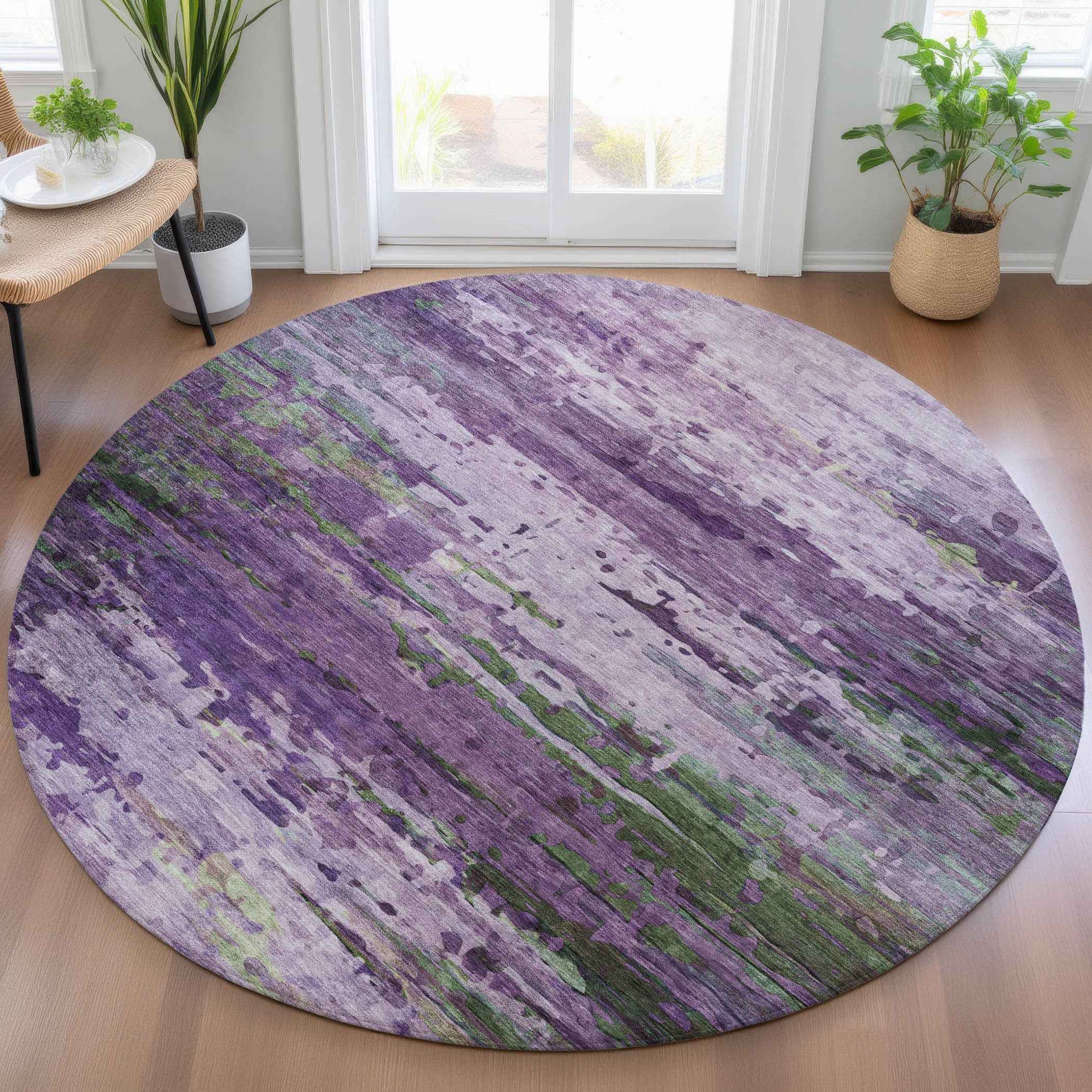 8' Purple Green And Charcoal Round Abstract Washable Indoor Outdoor Area Rug