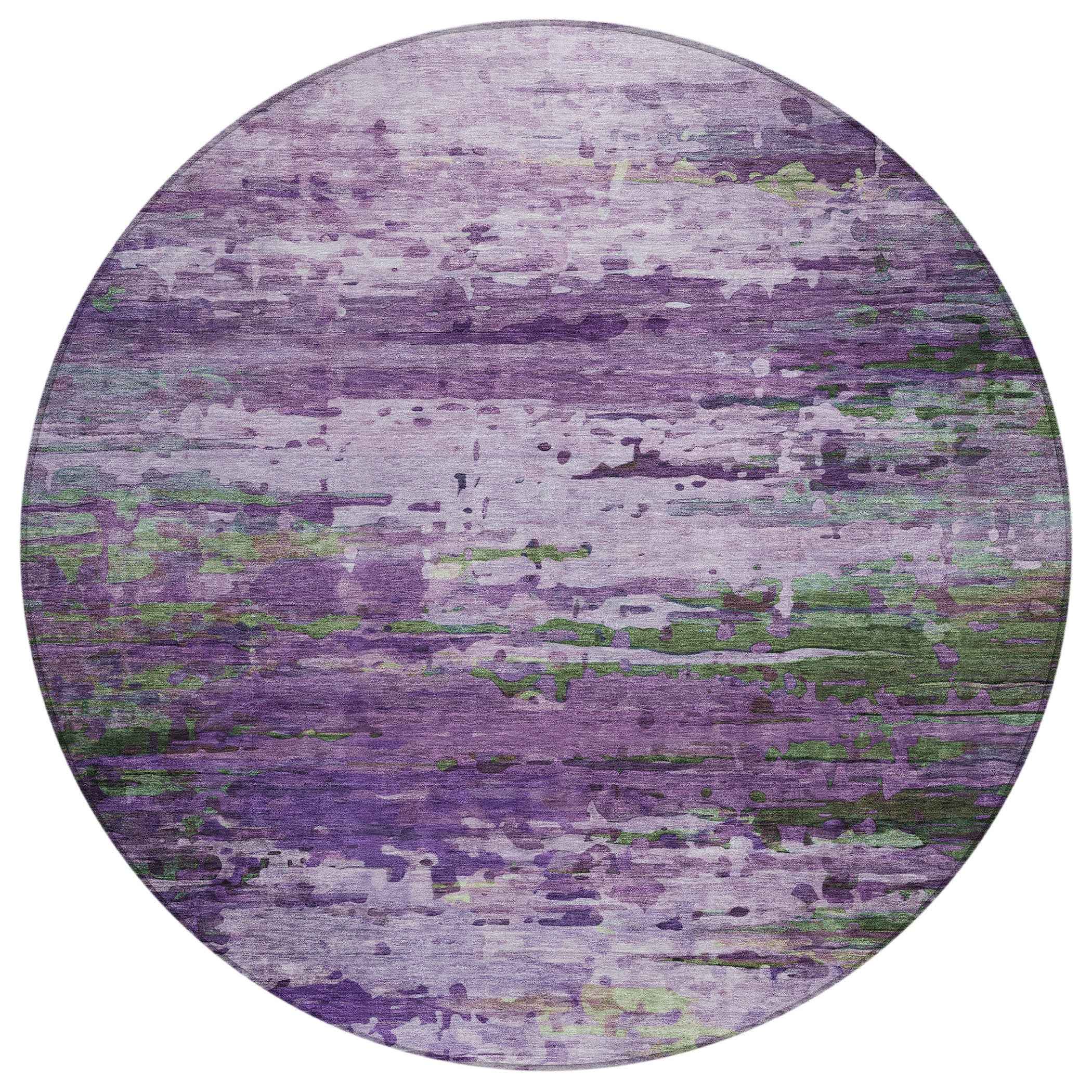 8' Purple Green And Charcoal Round Abstract Washable Indoor Outdoor Area Rug