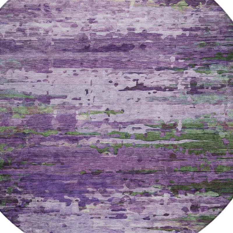 8' Purple Green And Charcoal Round Abstract Washable Indoor Outdoor Area Rug
