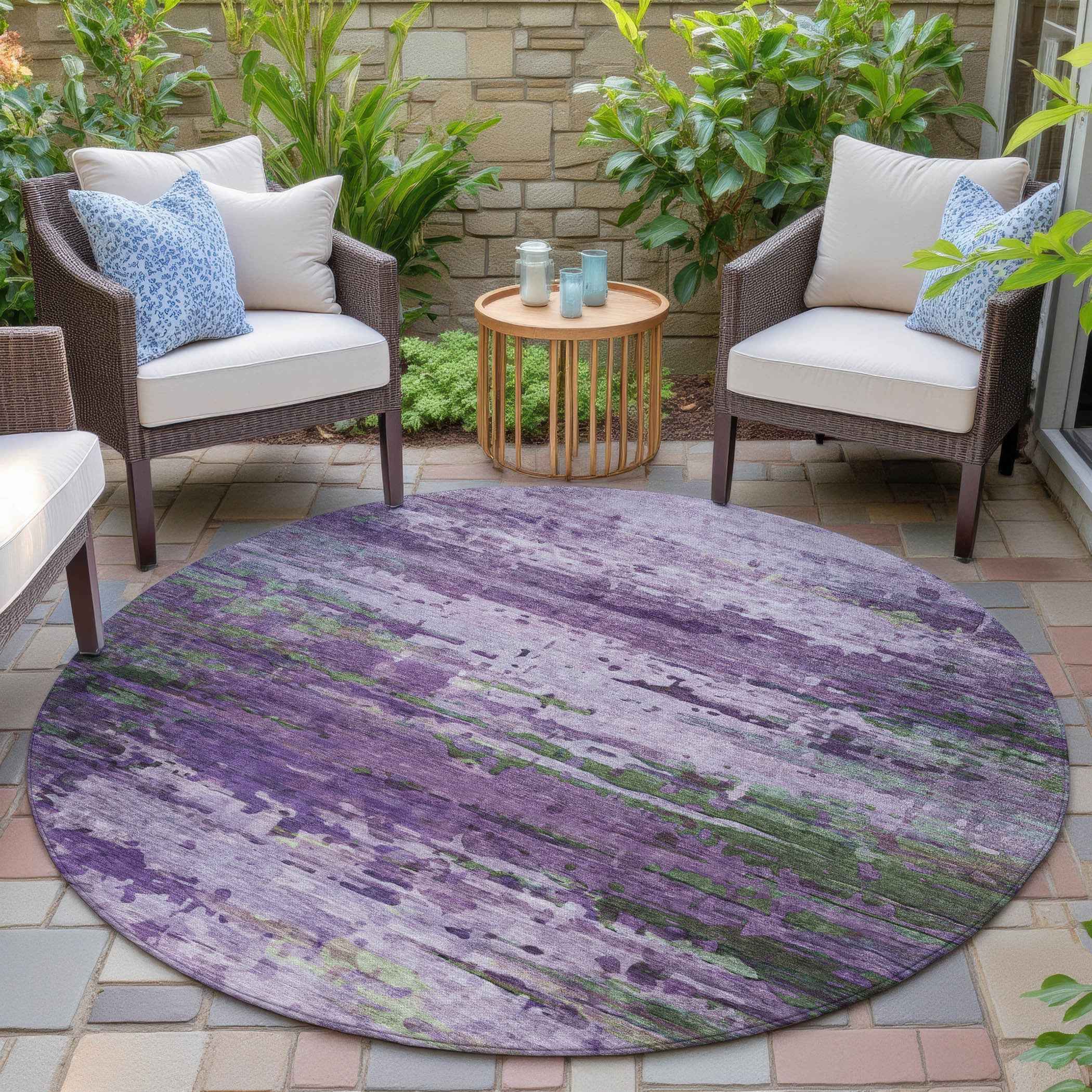 8' Purple Green And Charcoal Round Abstract Washable Indoor Outdoor Area Rug
