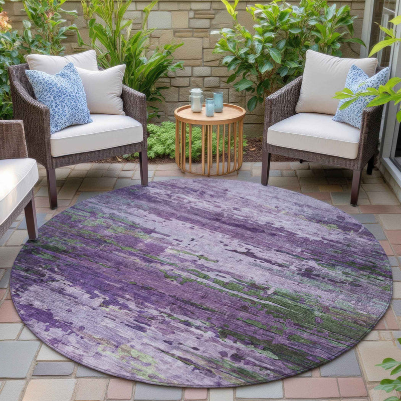 8' Purple Green And Charcoal Round Abstract Washable Indoor Outdoor Area Rug