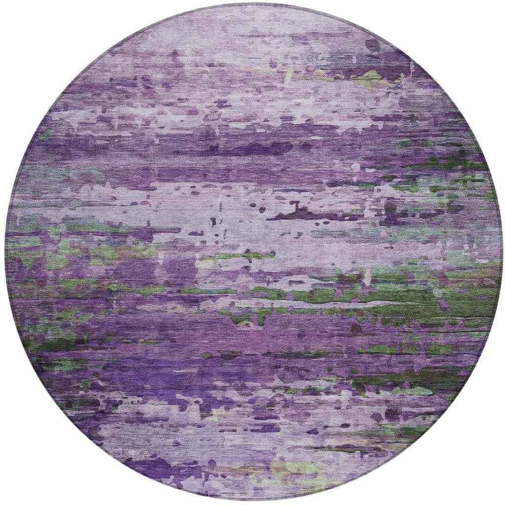 8' Purple Green And Charcoal Round Abstract Washable Indoor Outdoor Area Rug