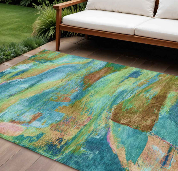 10' X 14' Teal Blue Lime Green And Blush Abstract Washable Indoor Outdoor Area Rug