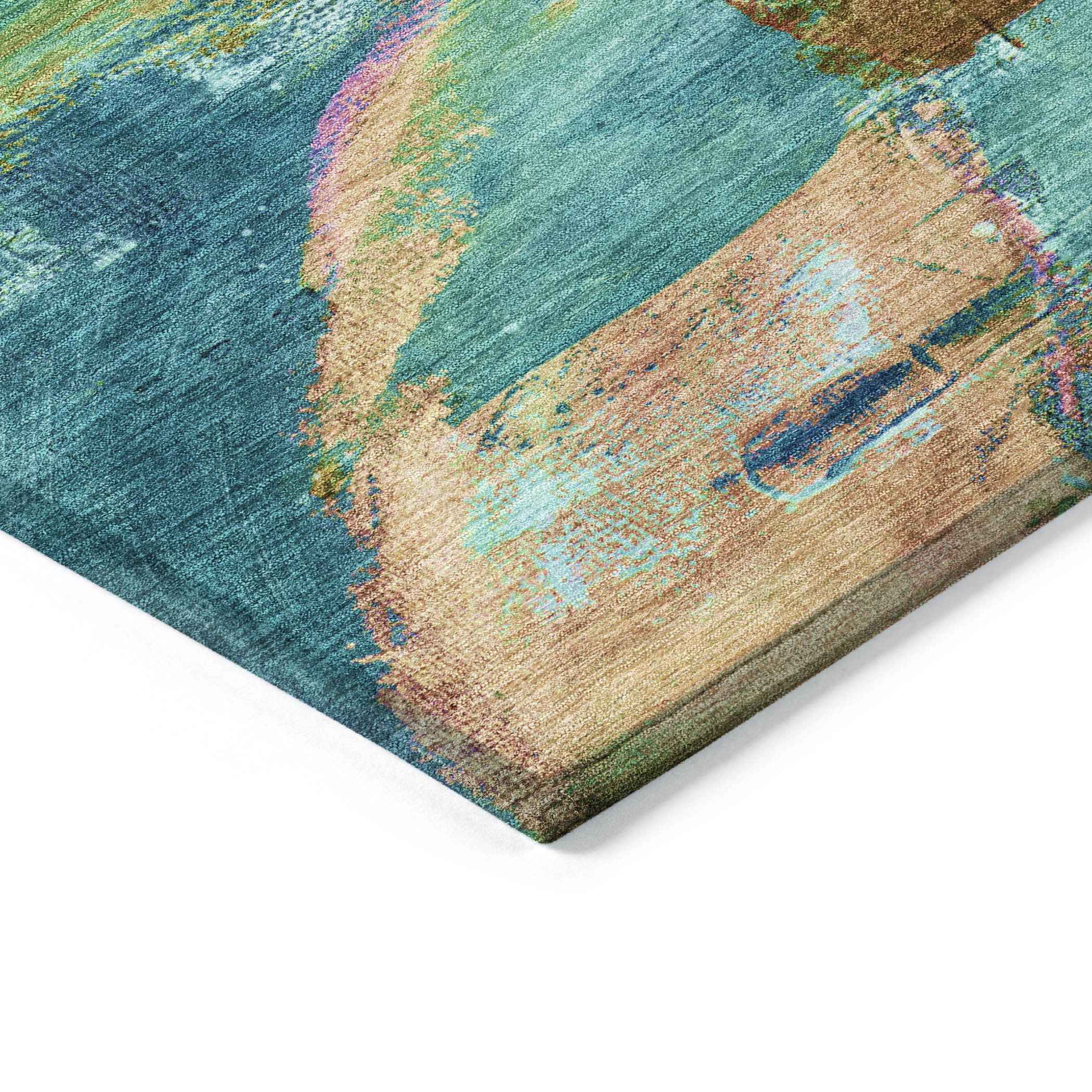 10' X 14' Teal Blue Lime Green And Blush Abstract Washable Indoor Outdoor Area Rug