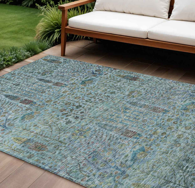 8' X 10' Teal Blue And Pale Aqua Floral Washable Indoor Outdoor Area Rug
