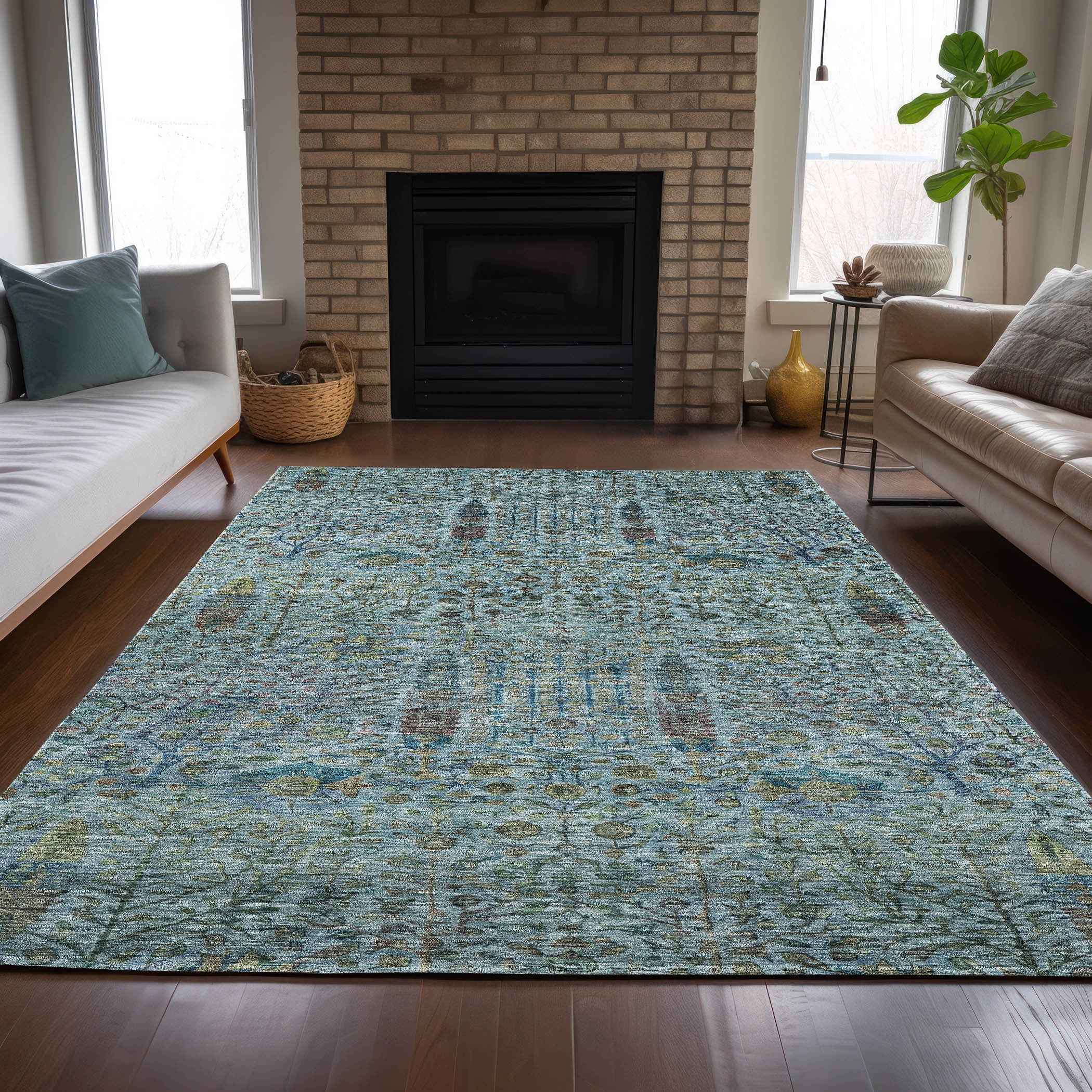 8' X 10' Teal Blue And Pale Aqua Floral Washable Indoor Outdoor Area Rug