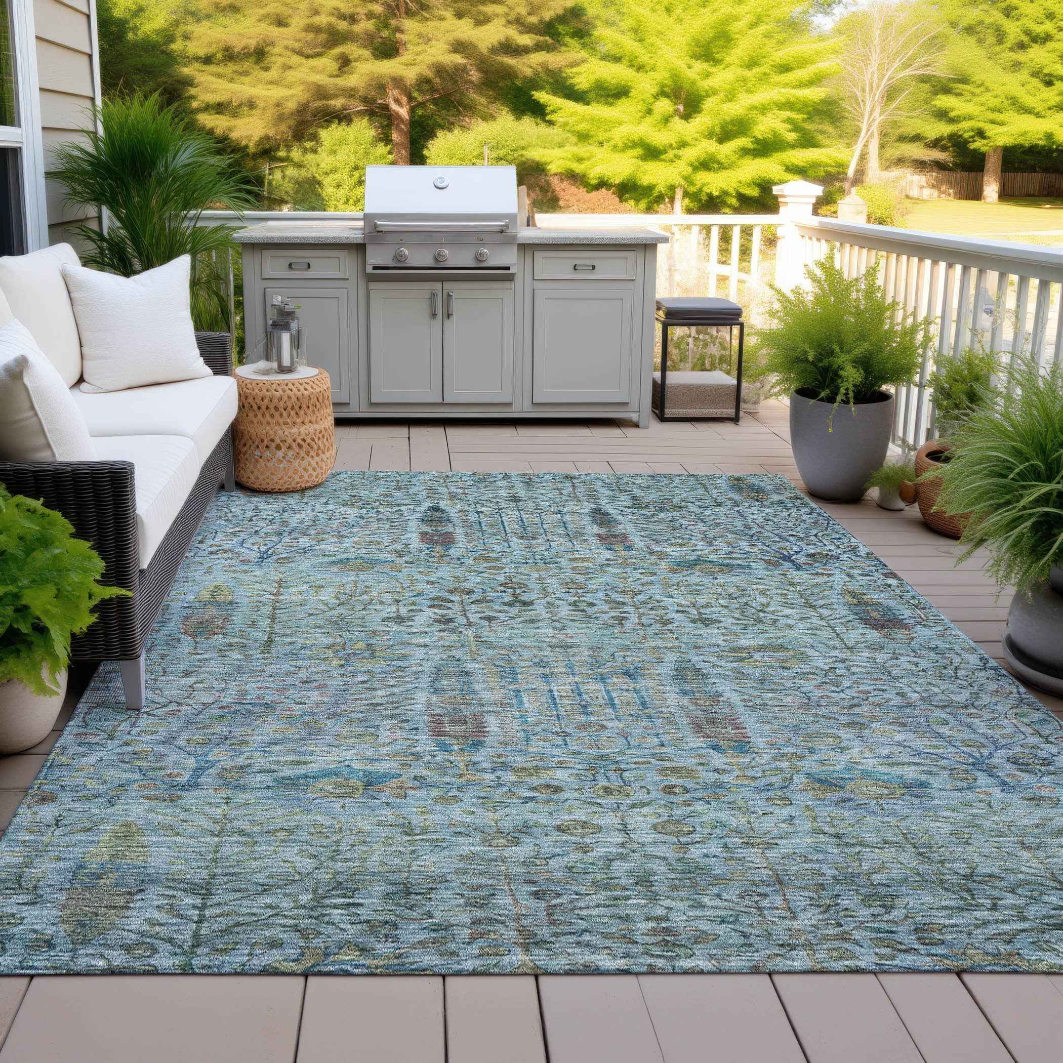 8' X 10' Teal Blue And Pale Aqua Floral Washable Indoor Outdoor Area Rug