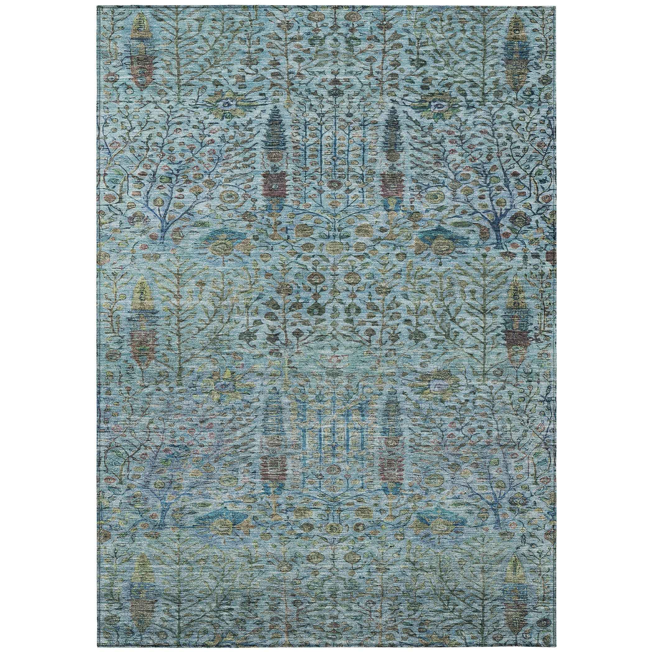 8' X 10' Teal Blue And Pale Aqua Floral Washable Indoor Outdoor Area Rug