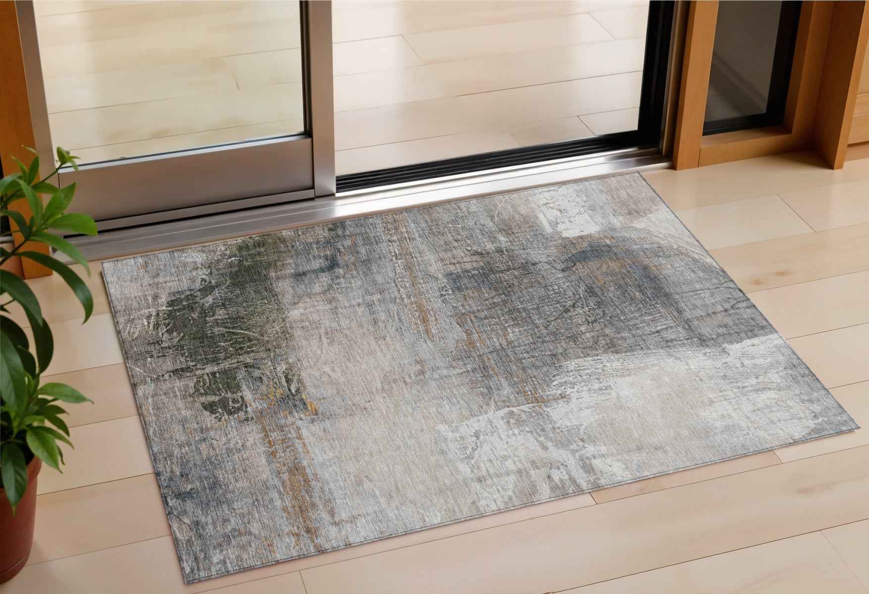 3' X 5' Beige And Gray Abstract Washable Indoor Outdoor Area Rug