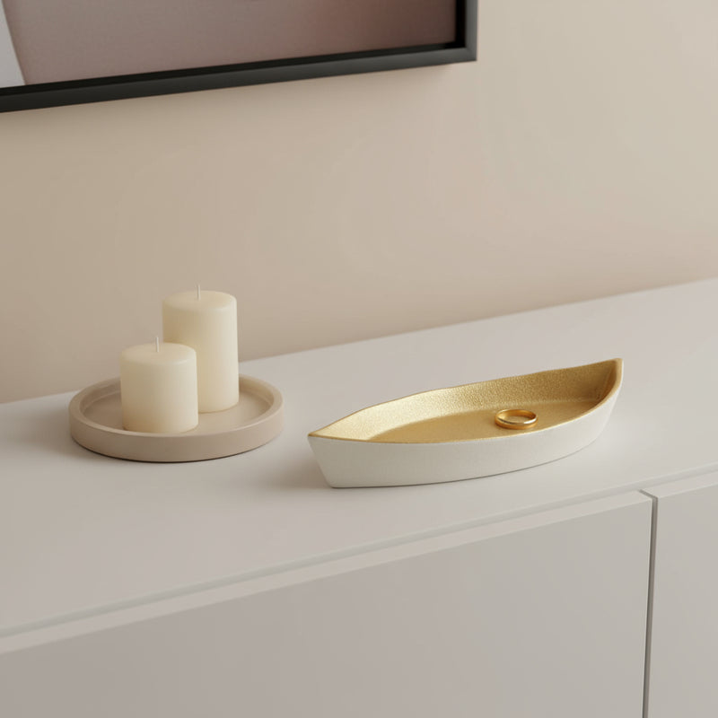 10" Gold And Off White Cast Iron Oval Boat Shaped Tray - Kitchen & Dining