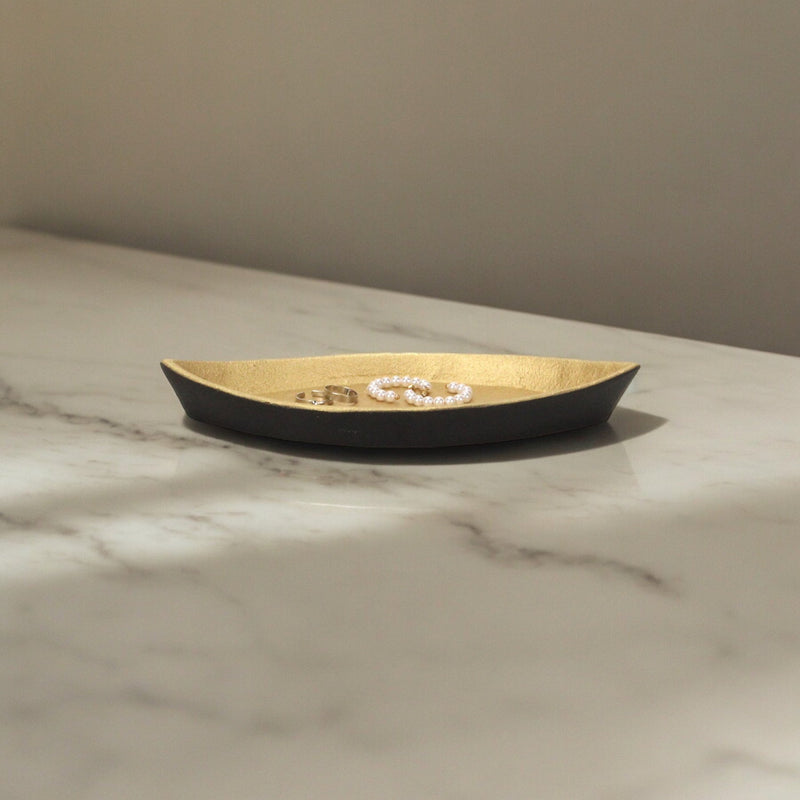 10" Black And Gold Cast Iron Oval Boat Shaped Tray - Kitchen & Dining