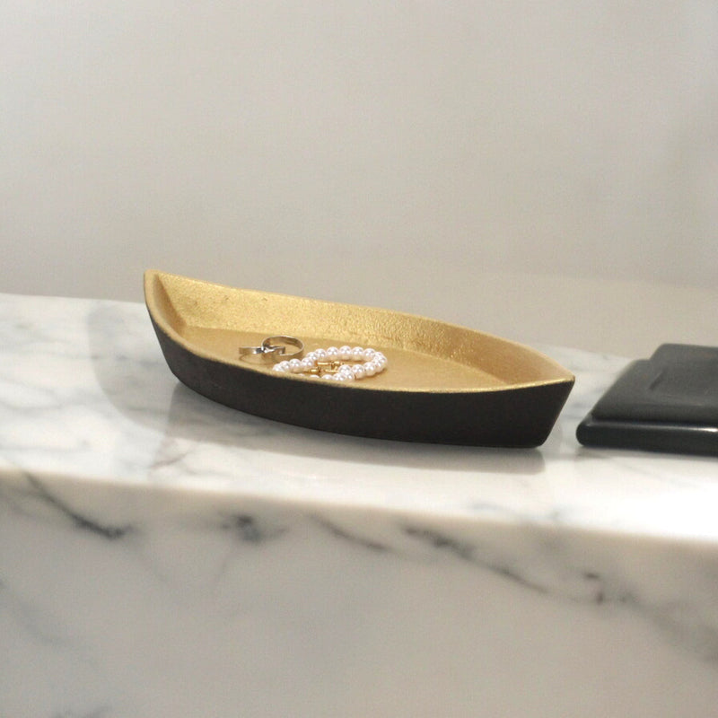 10" Black And Gold Cast Iron Oval Boat Shaped Tray - Kitchen & Dining