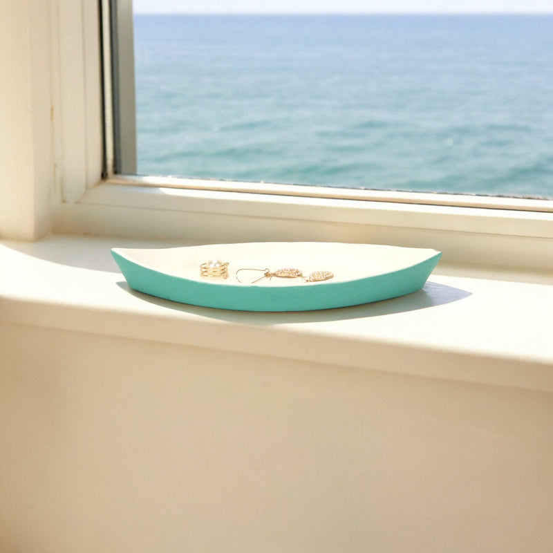 10" Aqua And White Cast Iron Oval Boat Shaped Tray - Kitchen & Dining